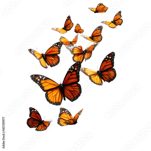 Orange and black monarch butterflies in flight, isolated on black background