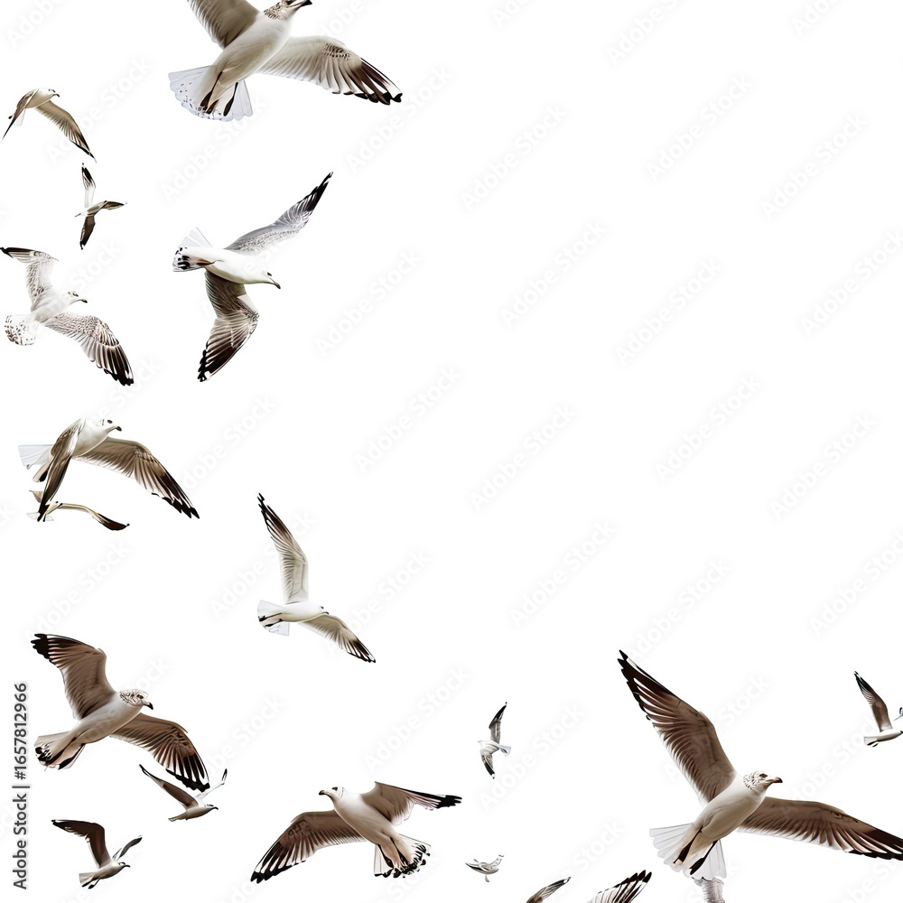 Fototapeta premium and keyword list based on the image you provided.. Seagulls flying, soaring in sky above water, flocking near open sea.