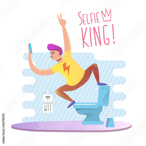 Happy Young man sitting on toilet and taking a selfie on phone. narcissism or social media addiction vector concept illustration. Teenager having fun in toilet room with toilet bowl and paper roll