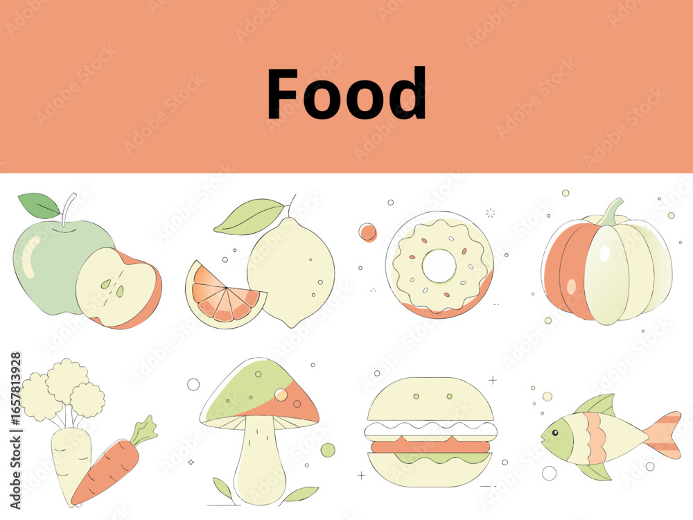 Fototapeta premium Colorful food illustrations featuring fruits, vegetables, and snacks 