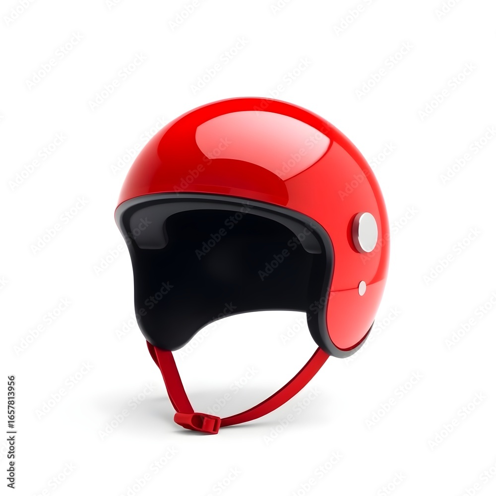 Fototapeta premium A vibrant red helmet with a glossy finish and a curved shape is prominently displayed on a clean and minimalist white background
