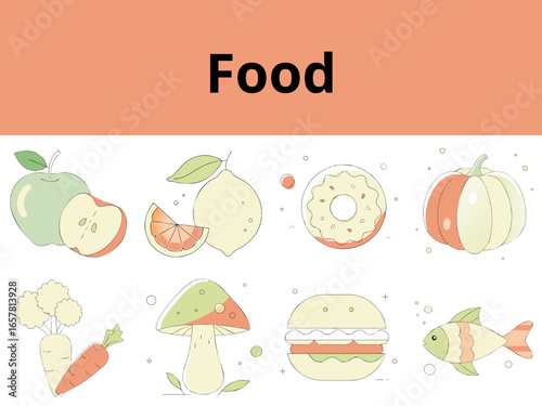 Colorful food illustrations featuring fruits, vegetables, and snacks  