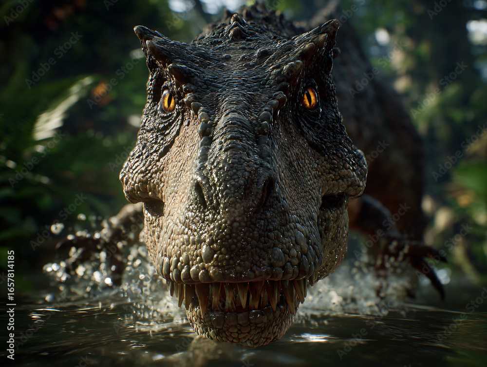 Fototapeta premium Tyrannosaurus Rex Dinosaur Swimming Jungle Close-Up Prehistoric Forest Predator Dynamic Adventure Cretaceous Animated Vibrant Motion Powerful Dinosaur Thrilling Scary Ferocious Eyes Wildlife Habitat