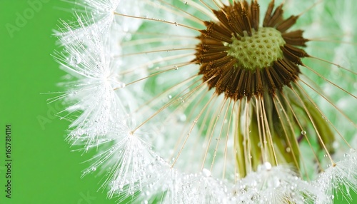 A close-up view of a dandelion seed head, adorned with glistening water droplets, showcasing intricate details and a soft, bright, ethereal feel against a vibrant green background.