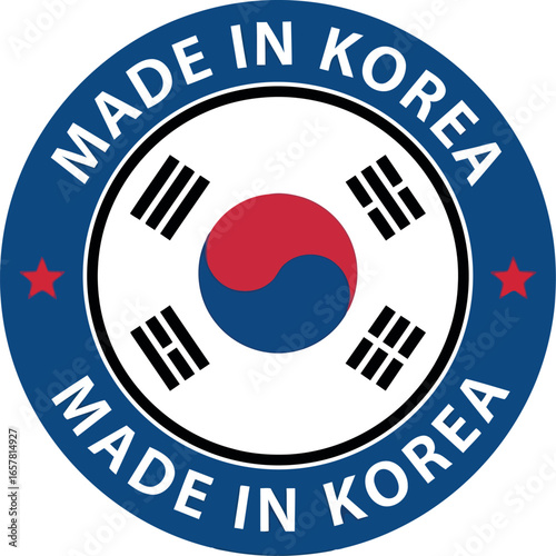 Circular emblem featuring the south korean flag with made in korea text in a bold blue circle