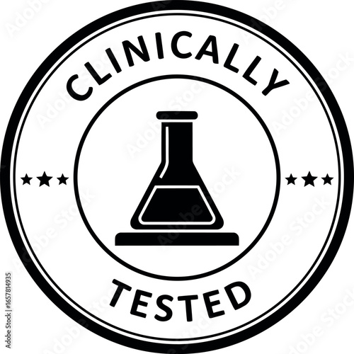 Circular stamp or seal with the words clinically tested and a laboratory flask icon representing scientific research and development