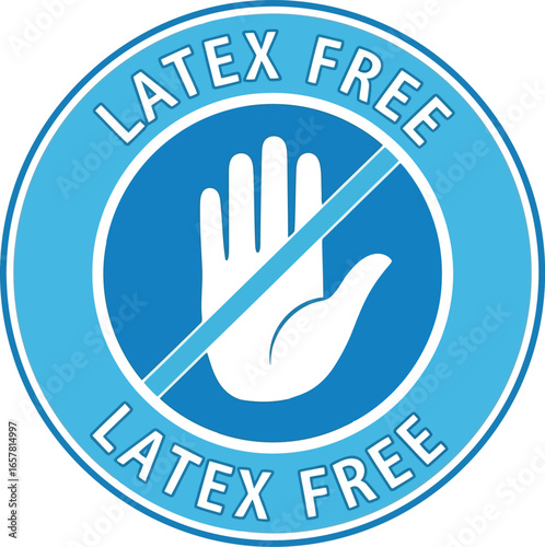 Blue circular sign with a white hand symbol crossed out indicating latex free product safety and allergy awareness