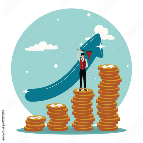 Financial success concept, businessman holding success flag on money stack.
