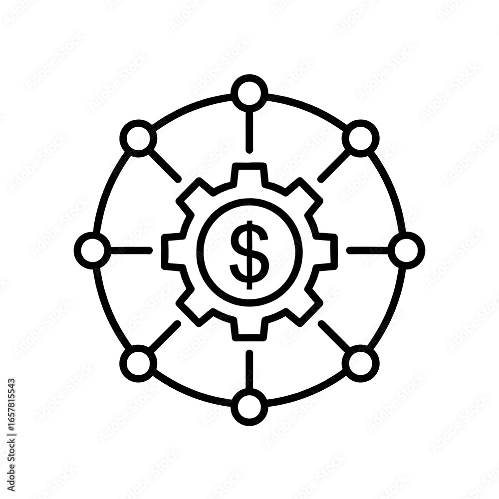 Gear with a dollar sign at the center connected to multiple nodes arranged in a circular network, symbolizing financial management, economic connections, or monetary system integration