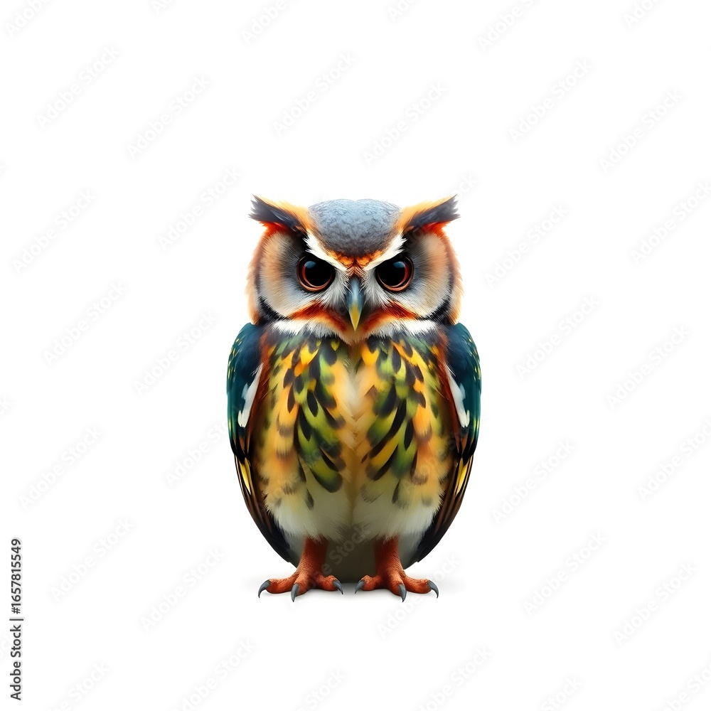 Naklejka premium A vibrant multicolor owl with intricate feather patterns in shades of blue, green, yellow, and orange, perched on a clean and minimalist white background