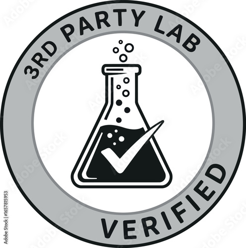 Circular emblem featuring a laboratory flask with a checkmark inside signifying third party lab verified quality and assurance