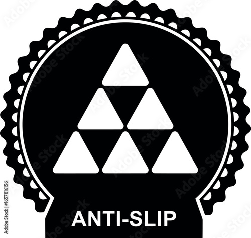 Black and white circular emblem with jagged edges featuring a stylized pyramid of triangles and the text anti slip below