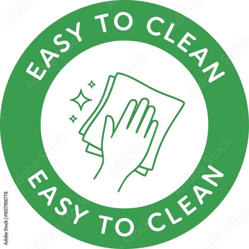 Green circular emblem with white text and illustration indicating easy to clean product or surface with a hand wiping with a cloth