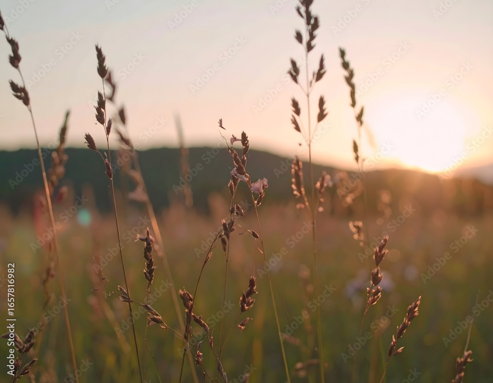 Obraz premium Close-up of wild grass in a serene meadow during a beautiful golden hour, with warm sunlight creating a soft bokeh background at sunset.