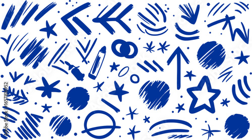 Blue doodles featuring arrows, stars, and scribbles on a white background. Perfect for adding a playful touch to presentations.