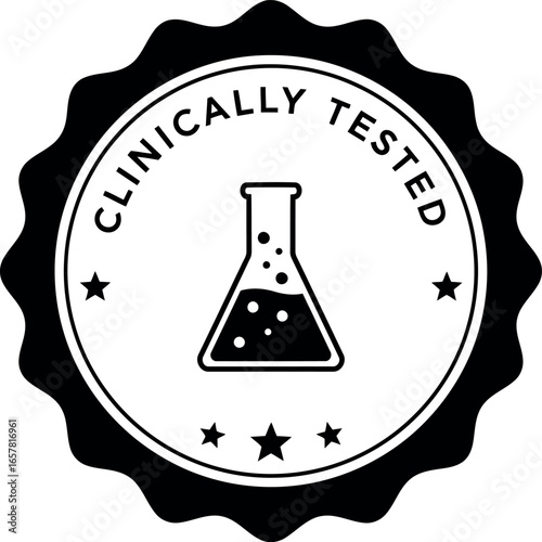 Black and white seal or badge with a laboratory flask icon and the words clinically tested indicating product safety and efficacy