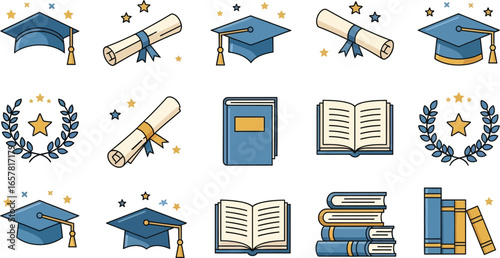 Celebrate academic achievements with graduation caps, diplomas, books, and laurels