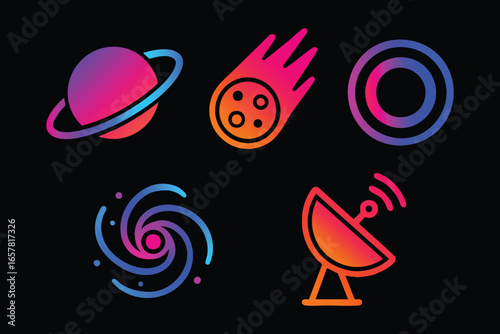 Neon space icons planets comet spiral galaxy and satellite dish on black