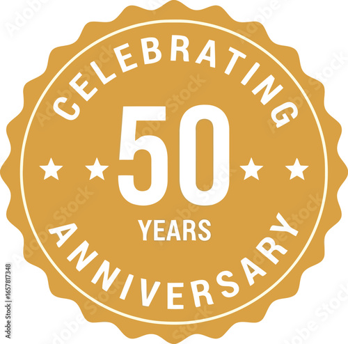 Golden circular badge celebrating fifty years anniversary with stars and text in a festive design