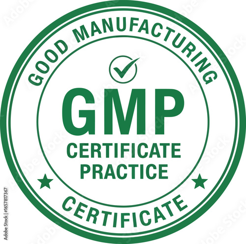 Green circular gmp good manufacturing practice certificate stamp with a checkmark indicating quality assurance and regulatory compliance for products