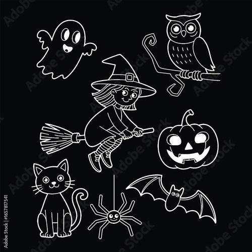 Cute Halloween Witch with Pumpkins – Line Art Illustration for Coloring Pages and Kids Activities