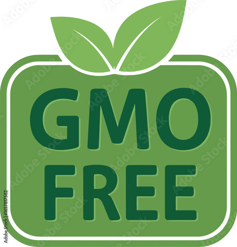 Green rounded square badge with the text gmo free and two green leaves at the top representing natural organic products