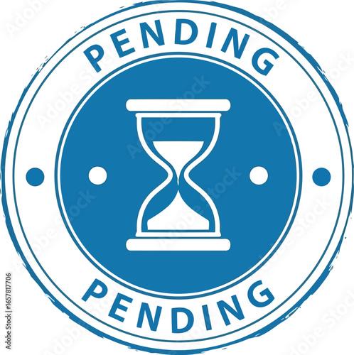 Circular rubber stamp with the word pending repeated and an hourglass icon symbolizing waiting and delay