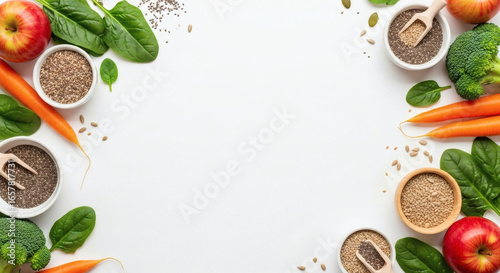 Healthy Eating Flat Lay with Fresh Produce and Seeds, Colorful Vegetables, Fruit and Seeds Arranged as Frame on White Background