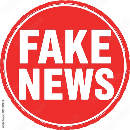Red circular warning sign with bold white text clearly stating fake news to alert viewers about misinformation and disinformation