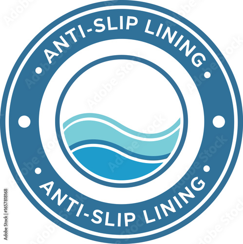 Circular emblem or badge featuring wavy blue lines inside a circle with text anti slip lining around the border
