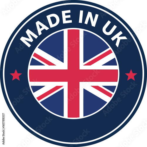 Circular emblem featuring the union jack flag with the text made in uk prominently displayed in white lettering
