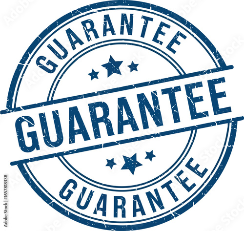 Circular blue rubber stamp with the word guarantee repeated multiple times in bold lettering and stars for emphasis on a white background