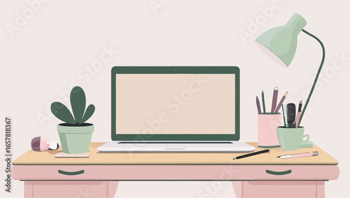 Desk setup with laptop, plant, lamp, and office supplies. Ideal for business, freelance, work from home, technology, or education concepts.