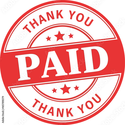 Red circular stamp with the word paid in large white letters and thank you in smaller white letters around the border