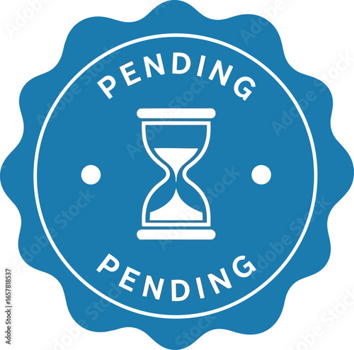 Blue circular badge with an hourglass symbol and the word pending repeated representing waiting or a process in progress