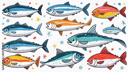 Fish swimming in sparkles on white background suitable for childrens book illustrations, aquarium advertisements, or aquatic designs.