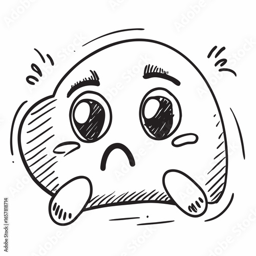 Hand-drawn cartoon character expressing sadness, fear, and worry with large eyes, eyebrows, and a downturned mouth, perfect for conveying negative emotions