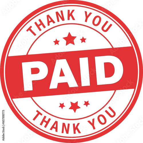 Red circular stamp with the word paid prominently displayed in white letters and surrounded by thank you text and small stars