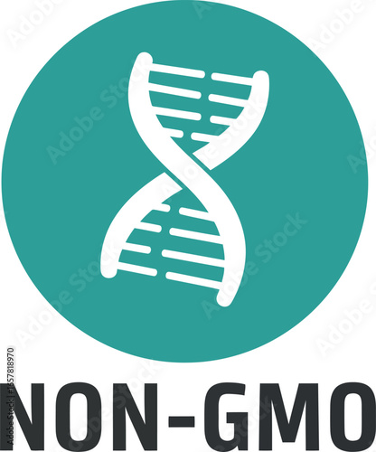 Iconographic representation of a dna helix within a teal circle with the text non gmo below symbolizing genetic modification free products