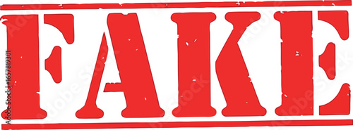Red rubber stamp impression of the word fake in bold capital letters with a distressed texture and horizontal lines above and below