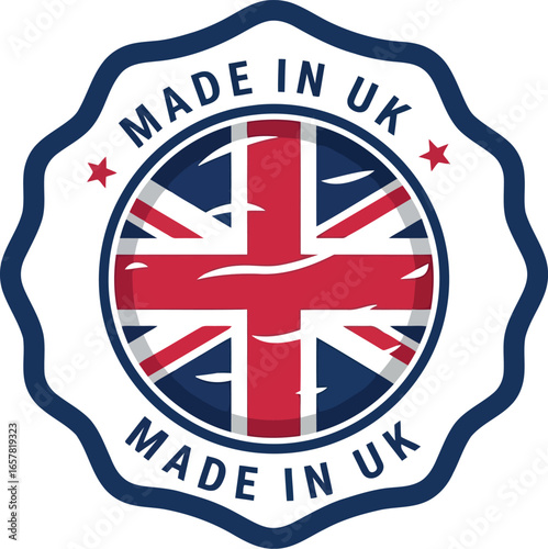 Official made in uk emblem featuring the union jack flag within a circular badge signifying british origin and quality assurance