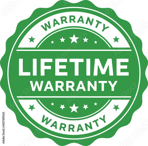 Green circular stamp with the words lifetime warranty prominently displayed in white text against a bright green background