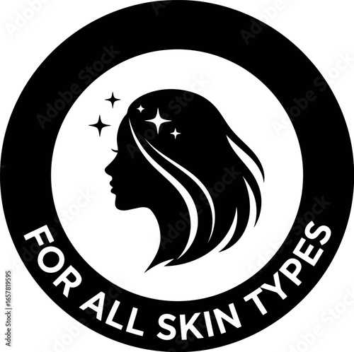 Elegant circular emblem featuring a woman s profile silhouette with flowing hair and sparkling stars signifying suitability for all skin types