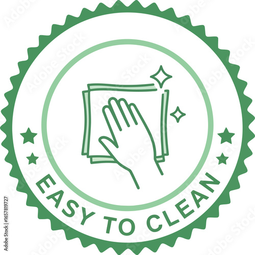 Green circular badge with a hand wiping a surface with a cloth indicating easy to clean functionality and hygiene