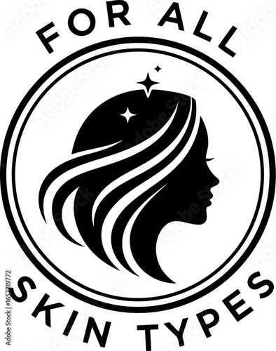 Elegant circular emblem featuring a woman s silhouette with flowing hair and the text for all skin types promoting inclusivity