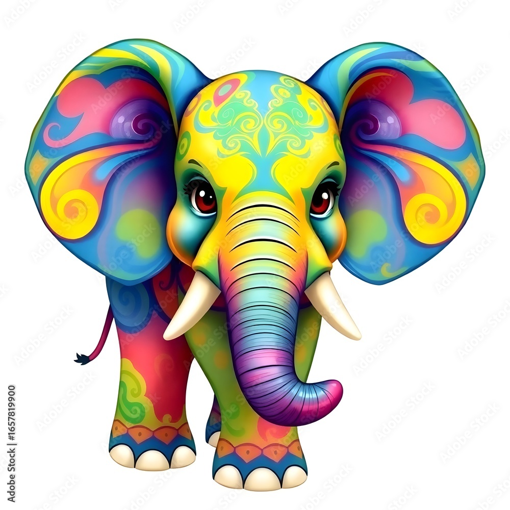 Obraz premium A vibrant multicolor elephant with intricate patterns and swirls of blue, yellow, green, and red hues, set against a clean and bright white background