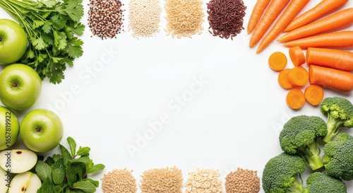 Fresh Ingredients Arranged as a Frame on a White Background, Nutritious and Colorful Food for Healthy Eating