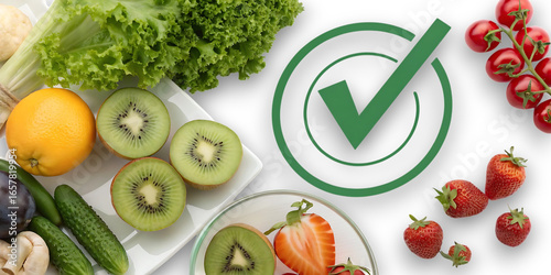 A vibrant assortment of fresh fruits and vegetables including kiwi strawberries tomatoes and lettuce alongside a prominent green checkmark symbolizing health and good choices