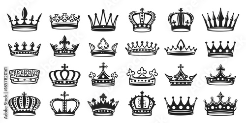 A collection of 50 highly detailed crown designs arranged in a grid on a plain white background. Each crown is unique, illustrated in bold black silhouette style with intricate details such as jewels,