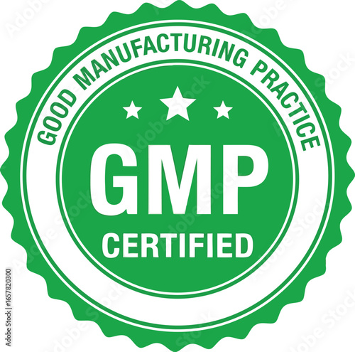 Green circular gmp certified stamp with stars and text good manufacturing practice on a white background